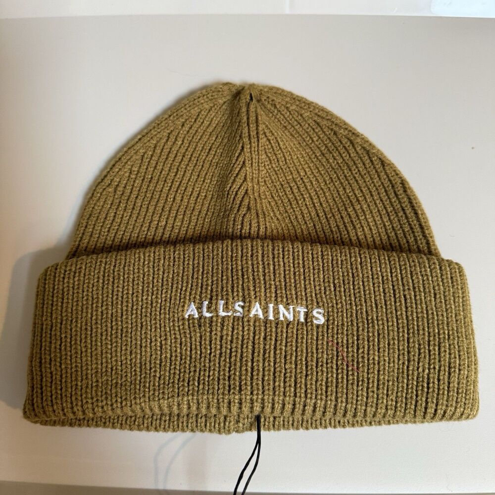 Allsaints Classic Embroidered Logo Beanie Hat Khaki Wool Blend Men’s Women’s NWT